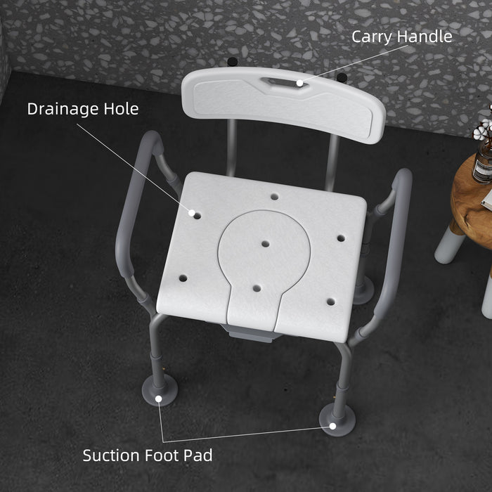 Height Adjustable Shower Stool with Arms and Back, Non-Slip Bedside Commode with Detachable Bucket for Elderly, White