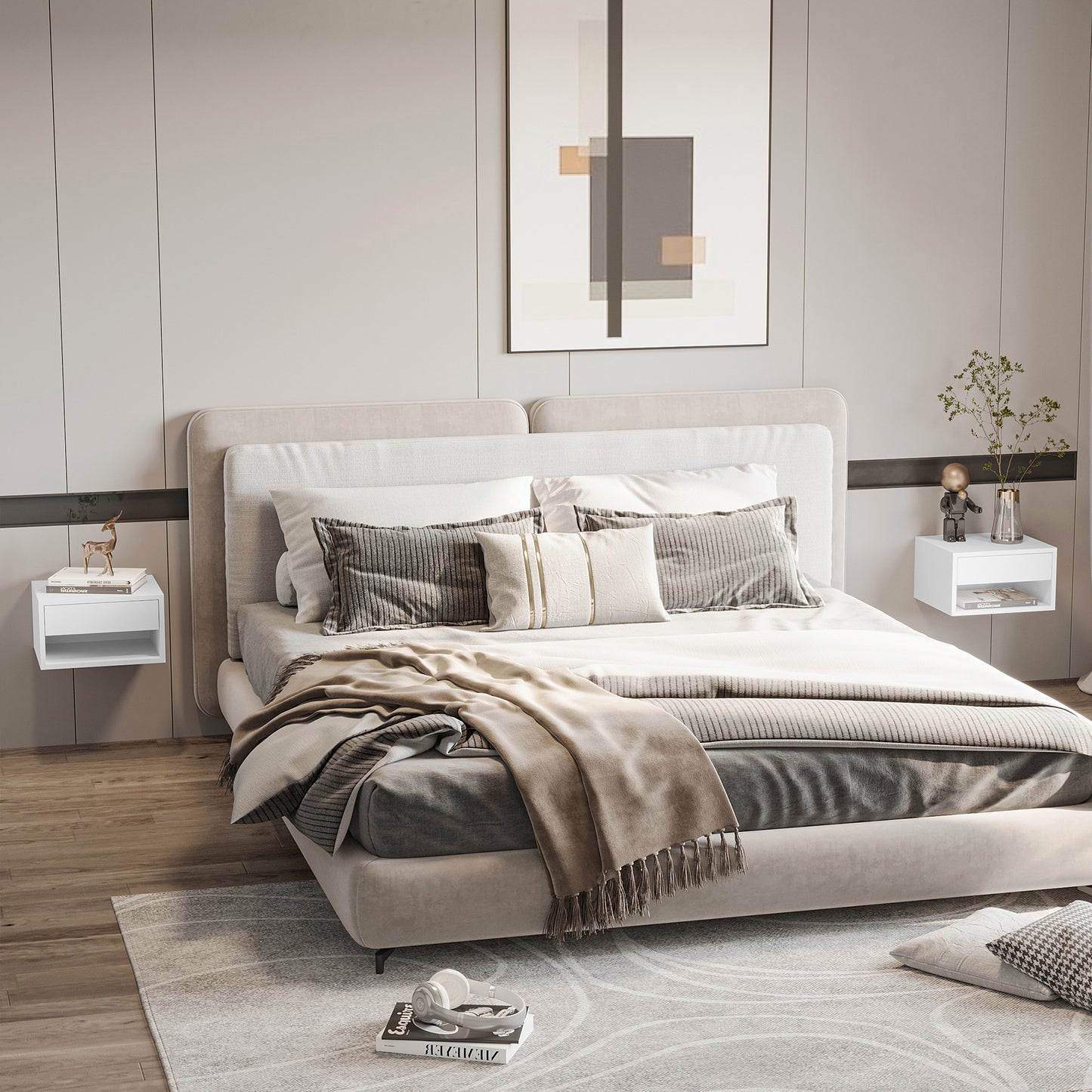 Floating Bedside Table Set of 2 Wall Mounted Nightstand W/ Drawer White