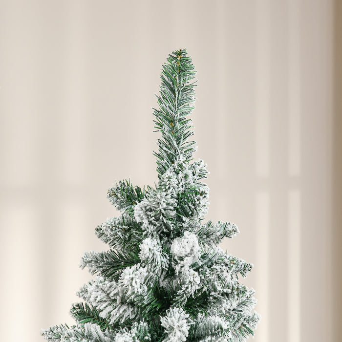 5 Foot Snow Flocked Artificial Christmas Tree, Xmas Pencil Tree with 426 Realistic Branches, Auto Open, Pinewood Base, Green