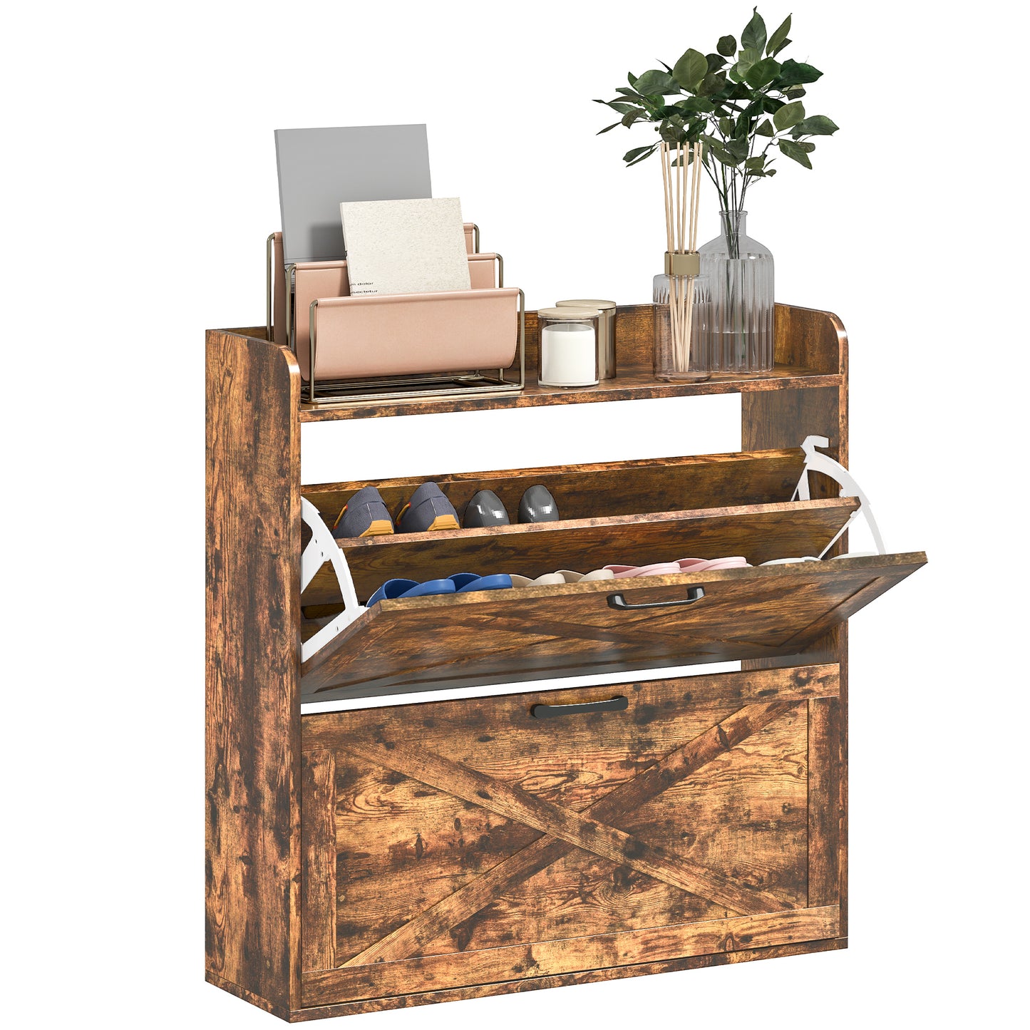 Narrow Shoe Cabinet Farmhouse Slim Shoe Storage Cabinet Rustic Brown