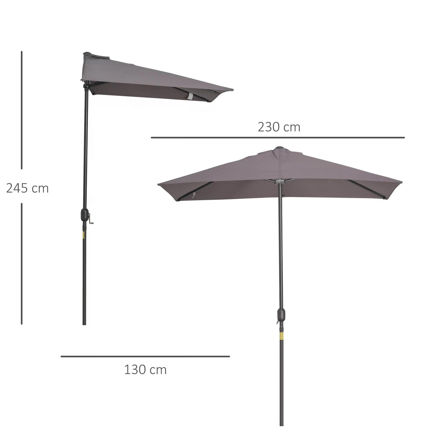 Balcony Half Parasol Semi Round Umbrella Patio Crank Handle (2.3m, Grey)- NO BASE INCLUDED