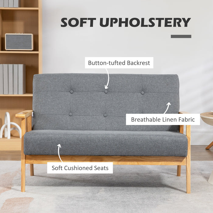 Modern 2-Seat Sofa Linen Fabric Upholstery Tufted Couch with Rubberwood Legs Grey