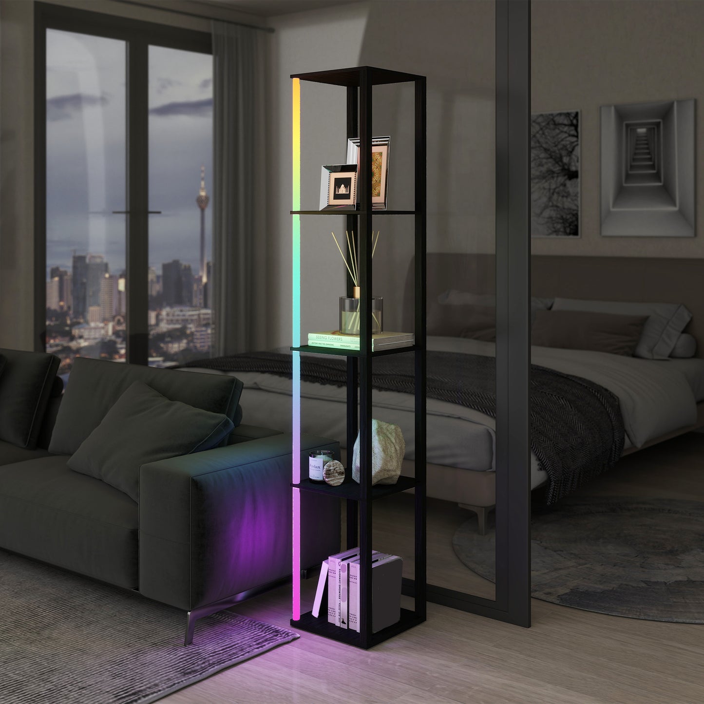 RGB LED Floor Lamp with Shelves and Remote Control for Bedroom, Black