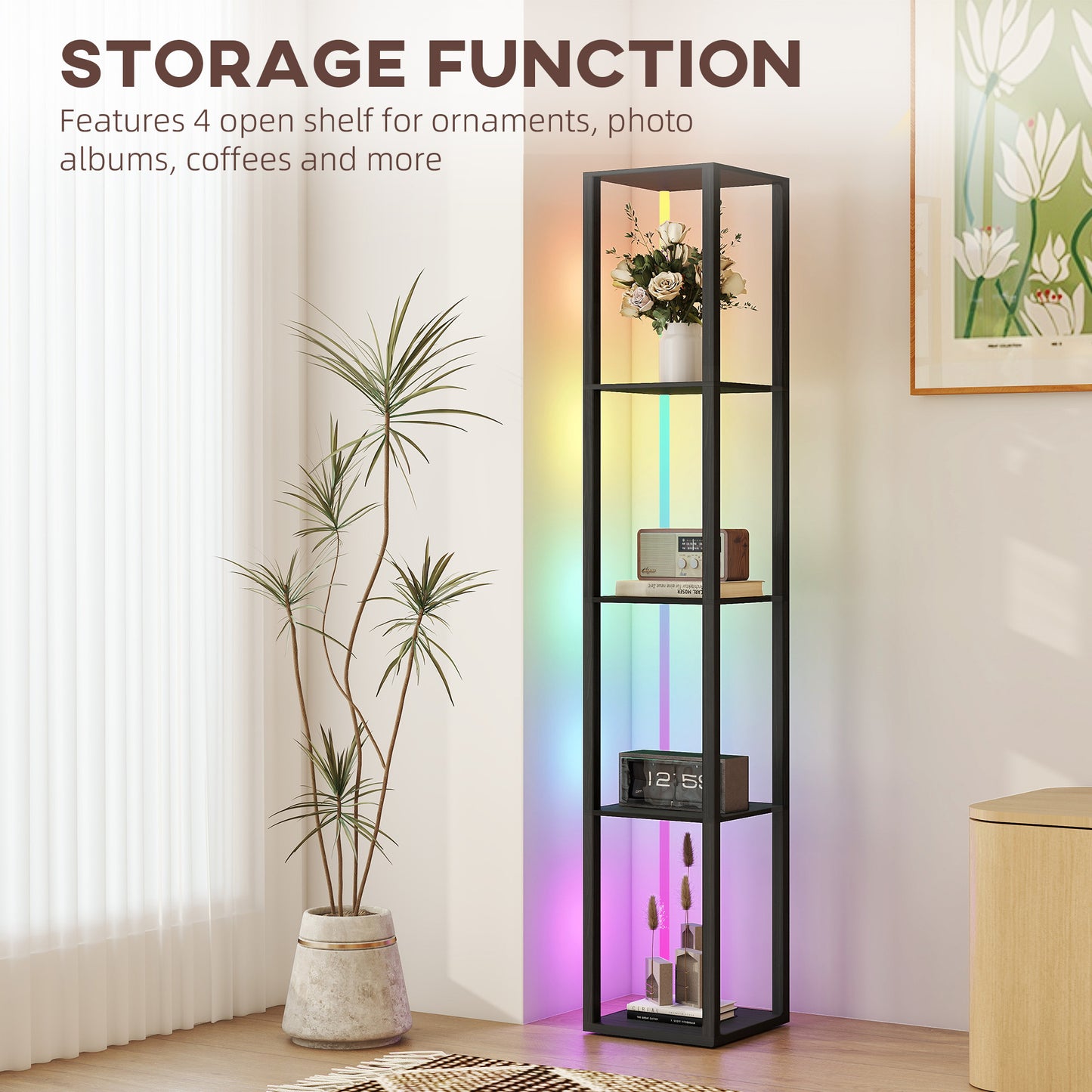RGB LED Floor Lamp with Shelves and Remote Control for Bedroom, Black