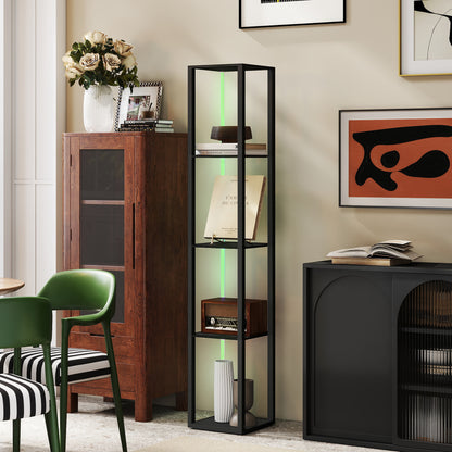 RGB LED Floor Lamp with Shelves and Remote Control for Bedroom, Black