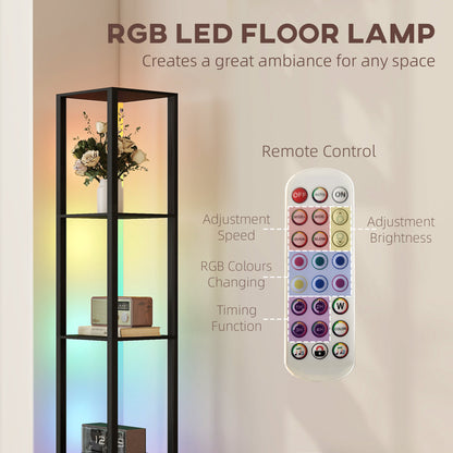 RGB LED Floor Lamp with Shelves and Remote Control for Bedroom, Black