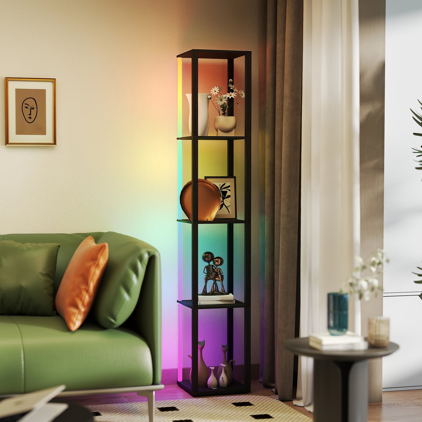 RGB LED Floor Lamp with Shelves and Remote Control for Bedroom, Black