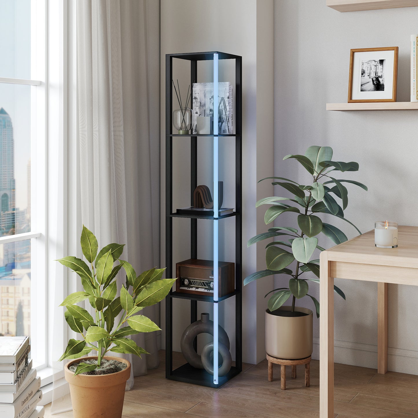 RGB LED Floor Lamp with Shelves and Remote Control for Bedroom, Black