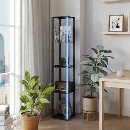 RGB LED Floor Lamp with Shelves and Remote Control for Bedroom, Black