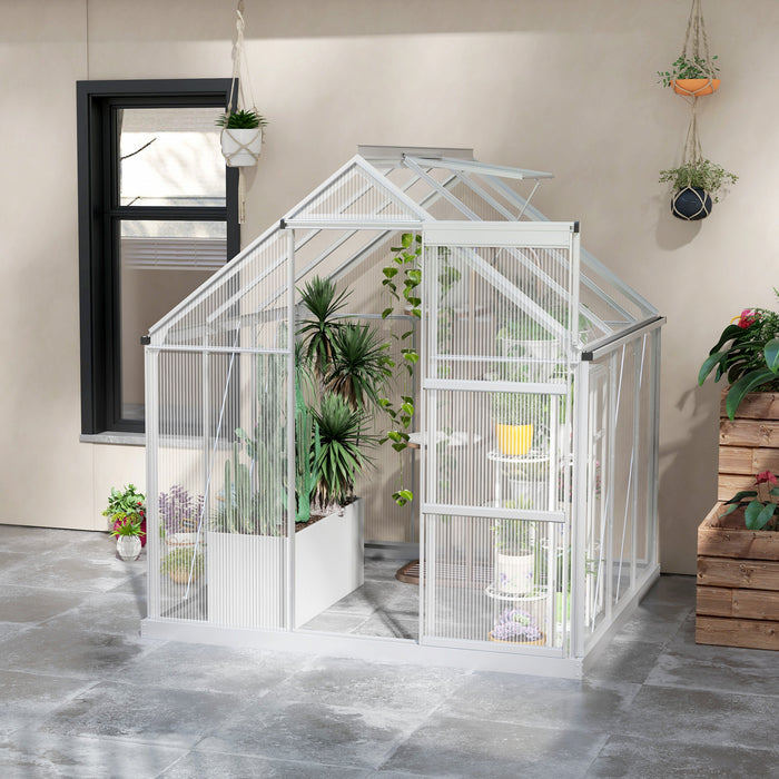 6 x 6ft Walk-In Greenhouse, Polycarbonate Greenhouse with Sliding Door, Window, Aluminium Frame, Foundation, Silver