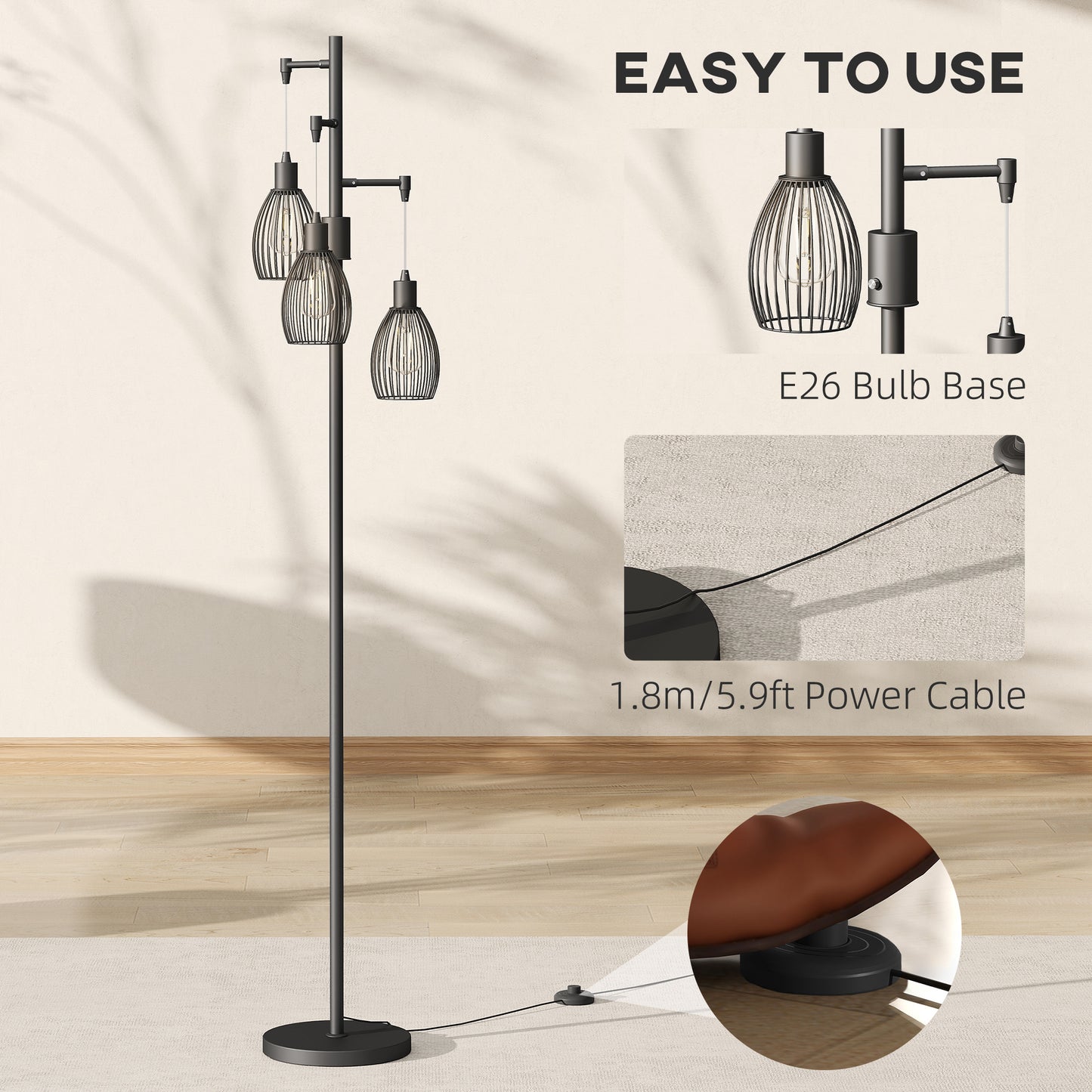 Industrial 3-Light Floor Lamp Dimmable LED Standing Lamp, Black