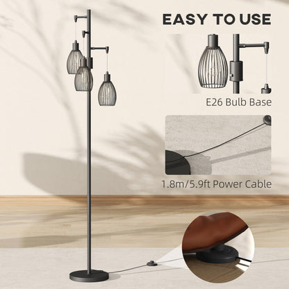Industrial 3-Light Floor Lamp Dimmable LED Standing Lamp, Black