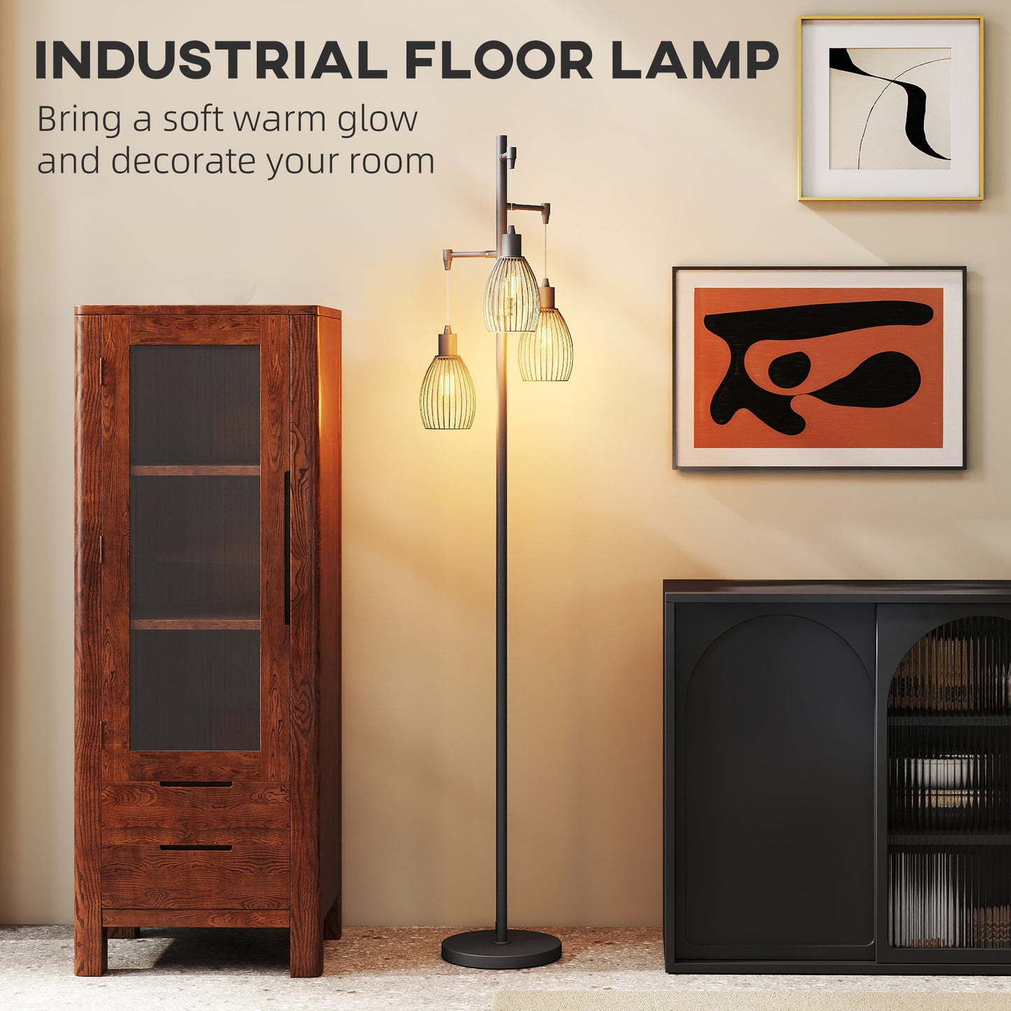 Industrial 3-Light Floor Lamp Dimmable LED Standing Lamp, Black