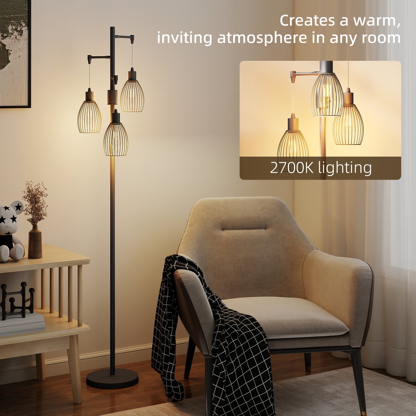 Industrial 3-Light Floor Lamp Dimmable LED Standing Lamp, Black