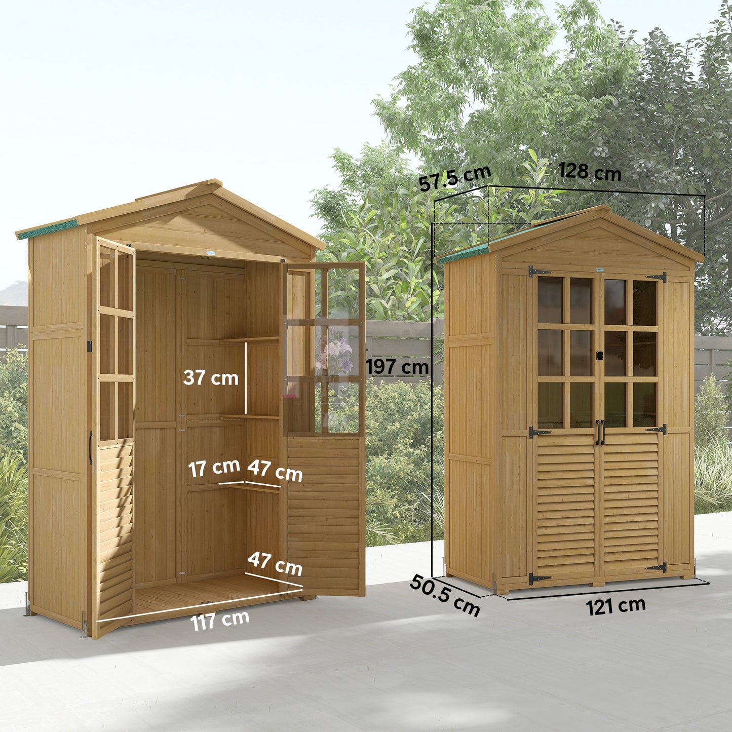 Wooden Small Shed, Garden Tool Shed with Shelves and Acrylic Windows, Tool Storage Cabinet with Asphalt Roof and Lockable Doors for Equipment, Light Brown