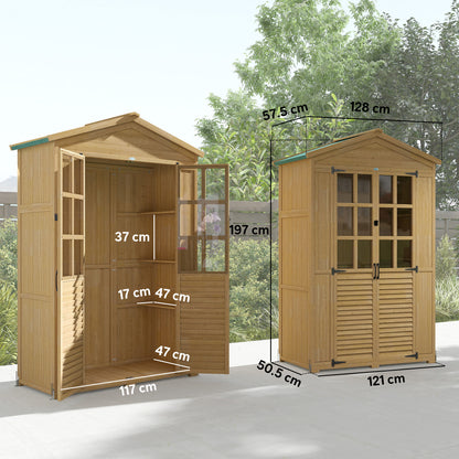Wooden Small Shed, Garden Tool Shed with Shelves and Acrylic Windows, Tool Storage Cabinet with Asphalt Roof and Lockable Doors for Equipment, Light Brown