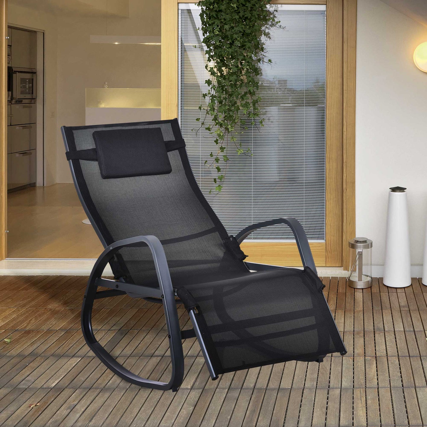 Patio Adjust Lounge Chair Rocker Outdoor w/ Pillow, Footrest- Black