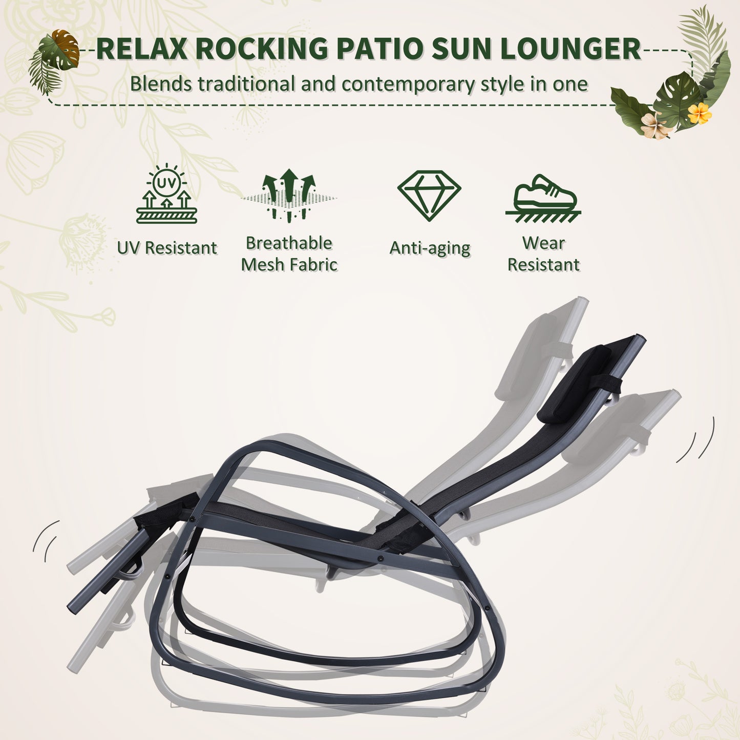 Patio Adjust Lounge Chair Rocker Outdoor w/ Pillow, Footrest- Black