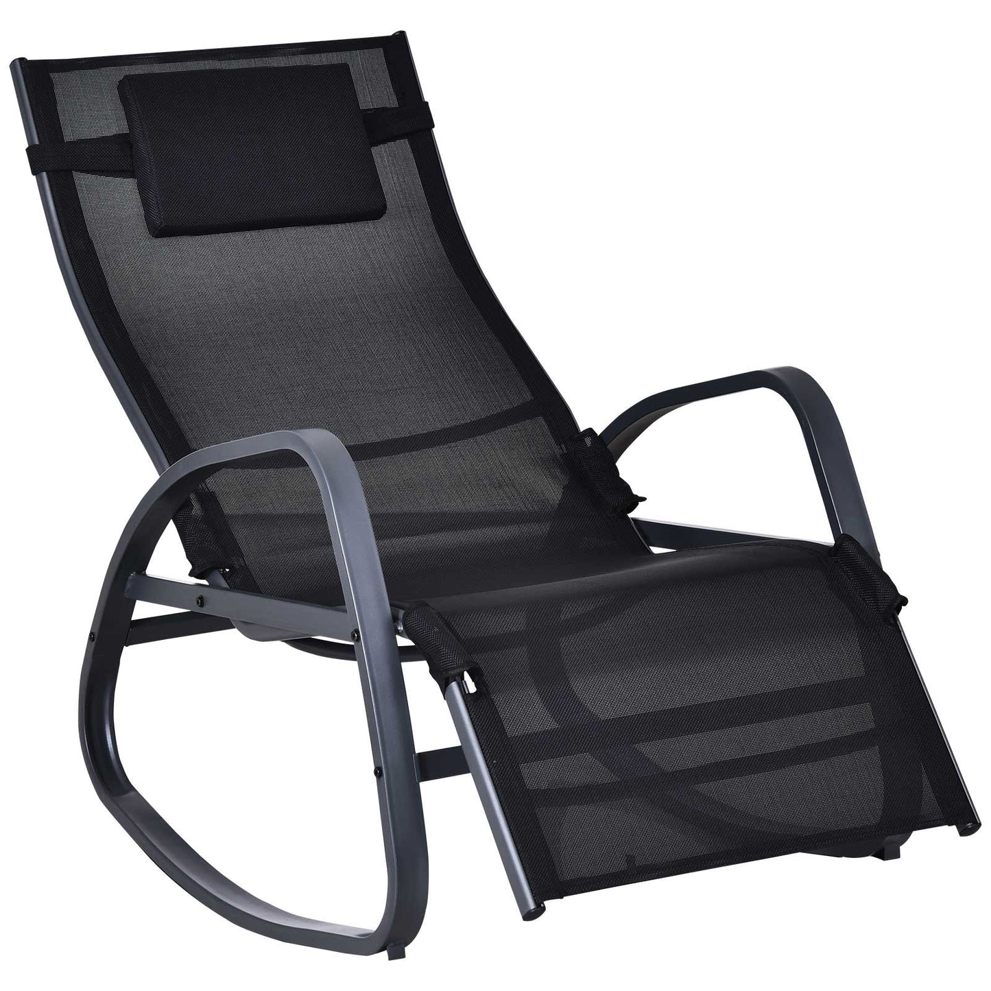 Patio Adjust Lounge Chair Rocker Outdoor w/ Pillow, Footrest- Black