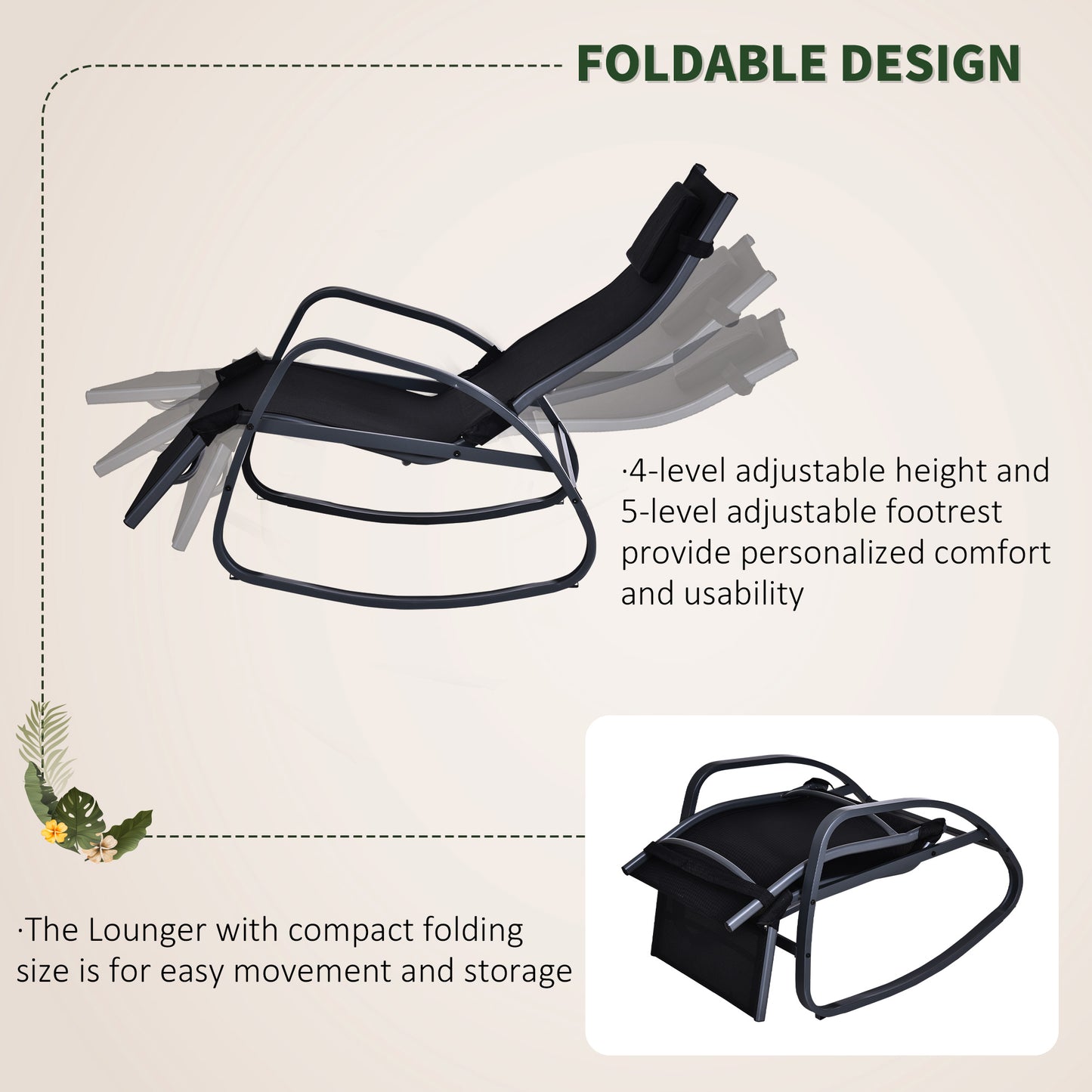 Patio Adjust Lounge Chair Rocker Outdoor w/ Pillow, Footrest- Black