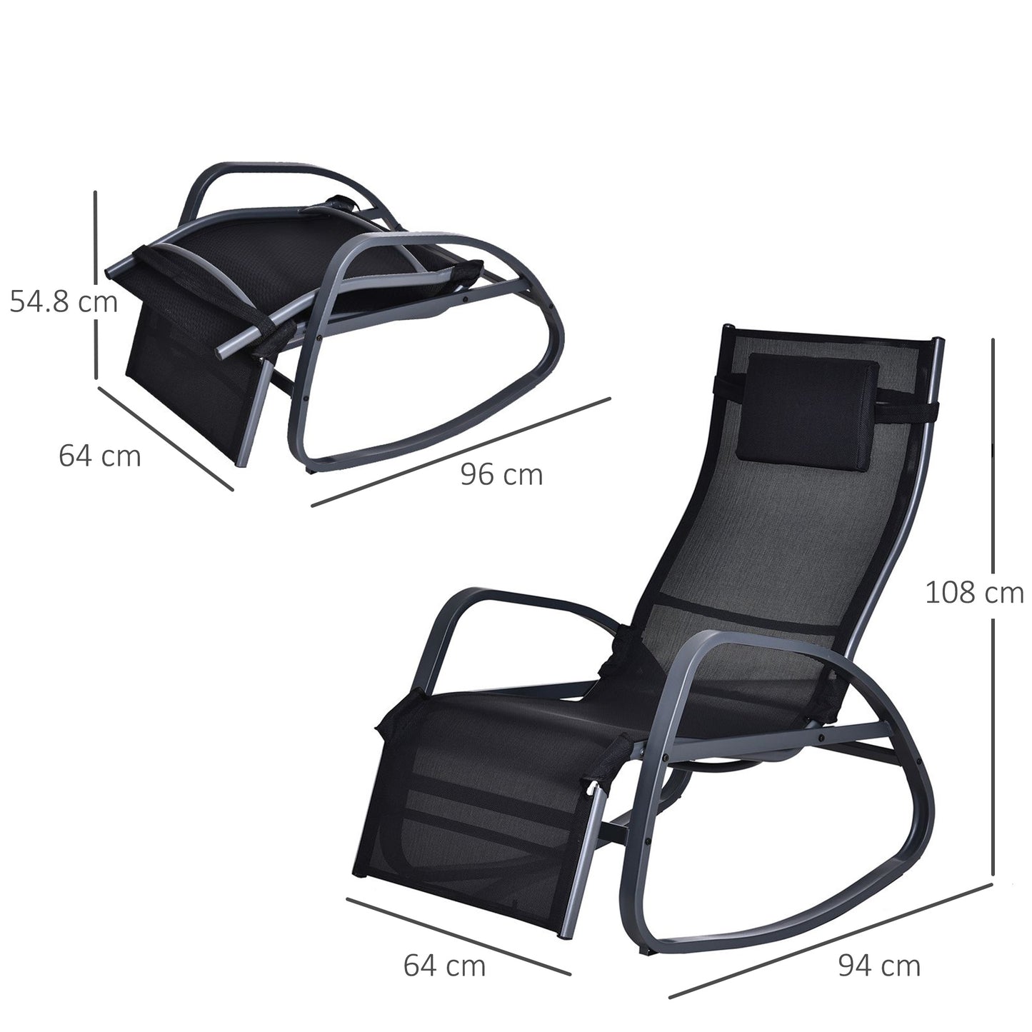 Patio Adjust Lounge Chair Rocker Outdoor w/ Pillow, Footrest- Black