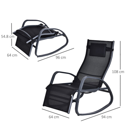 Patio Adjust Lounge Chair Rocker Outdoor w/ Pillow, Footrest- Black