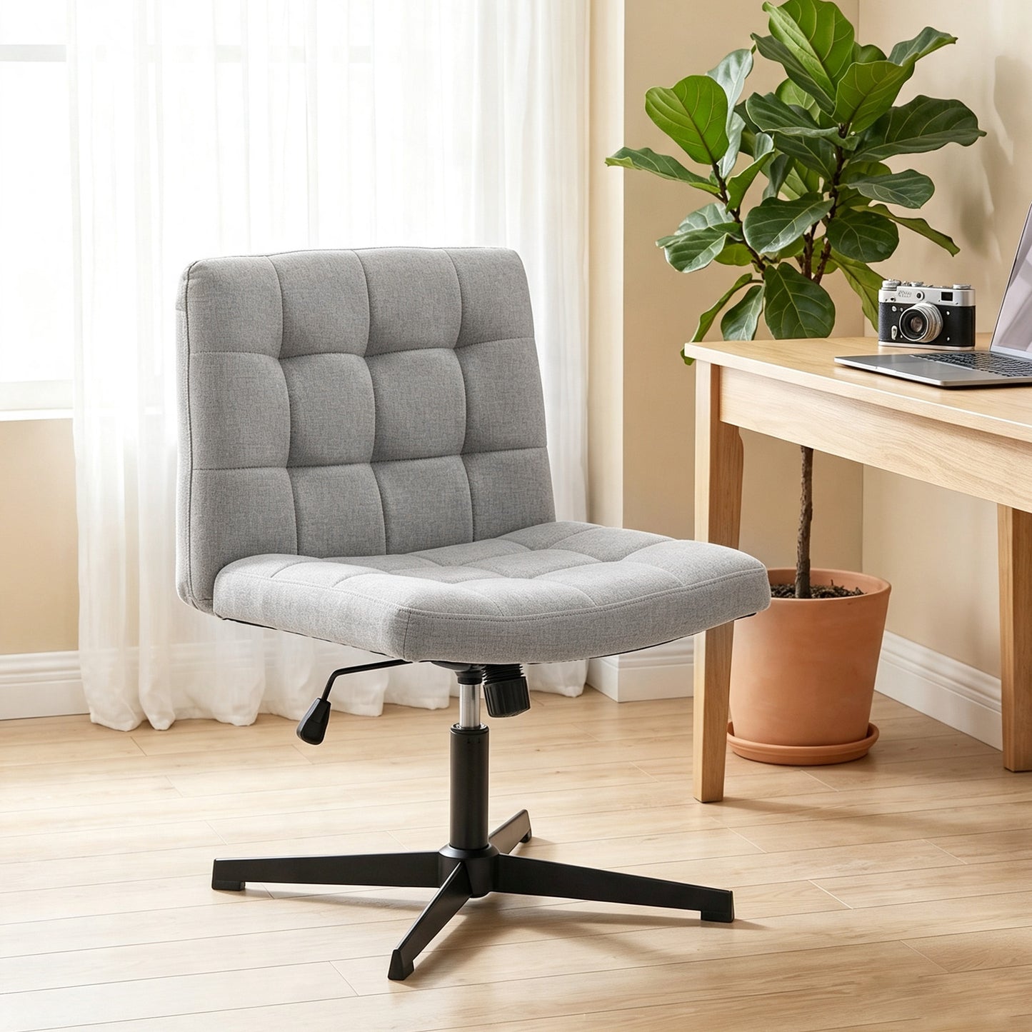 Armless Office Chair, Cross Legged Vanity Chair with Wide Seat, Grey
