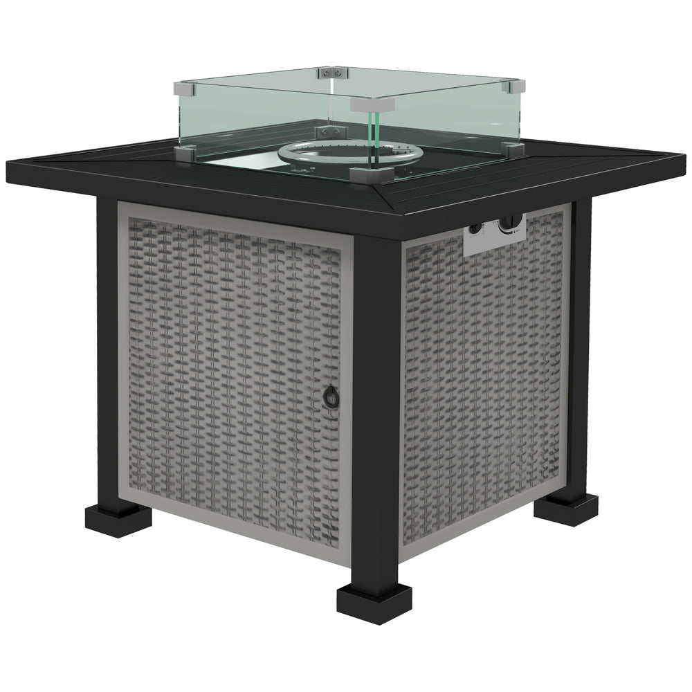 Square Gas Fire Pit Table, Rattan Smokeless Fire Pit with Glass Screen and Beads, Lid, 50000 BTU, 81x81x64cm, Grey