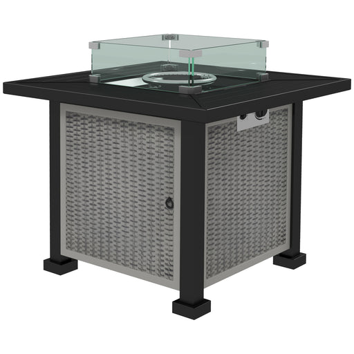 Square Gas Fire Pit Table, Rattan Smokeless Fire Pit with Glass Screen and Beads, Lid, 50000 BTU, 81x81x64cm, Grey