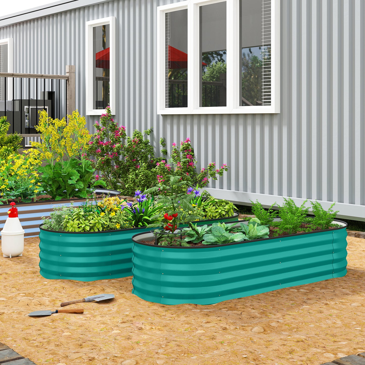 Set of 2 Raised Beds for Garden with Metal Plant Stakes, Green