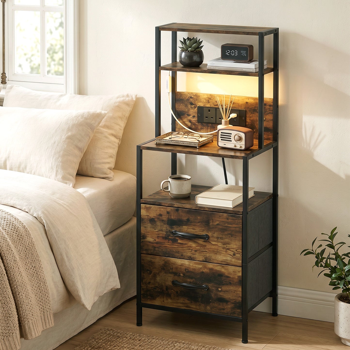 Bedside Table with Charging Station and LED Light Strips, Industrial Nightstand with 2 Drawers, Bedside Cabinet for Living Room Bedroom, Rustic Brown