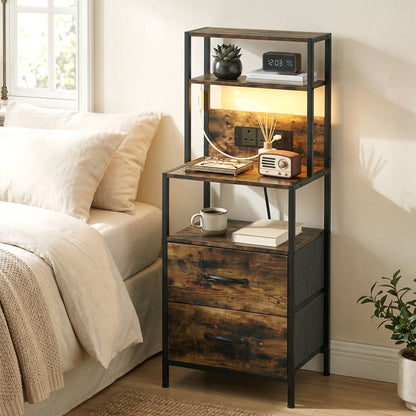 Bedside Table with Charging Station and LED Light Strips, Industrial Nightstand with 2 Drawers, Bedside Cabinet for Living Room Bedroom, Rustic Brown