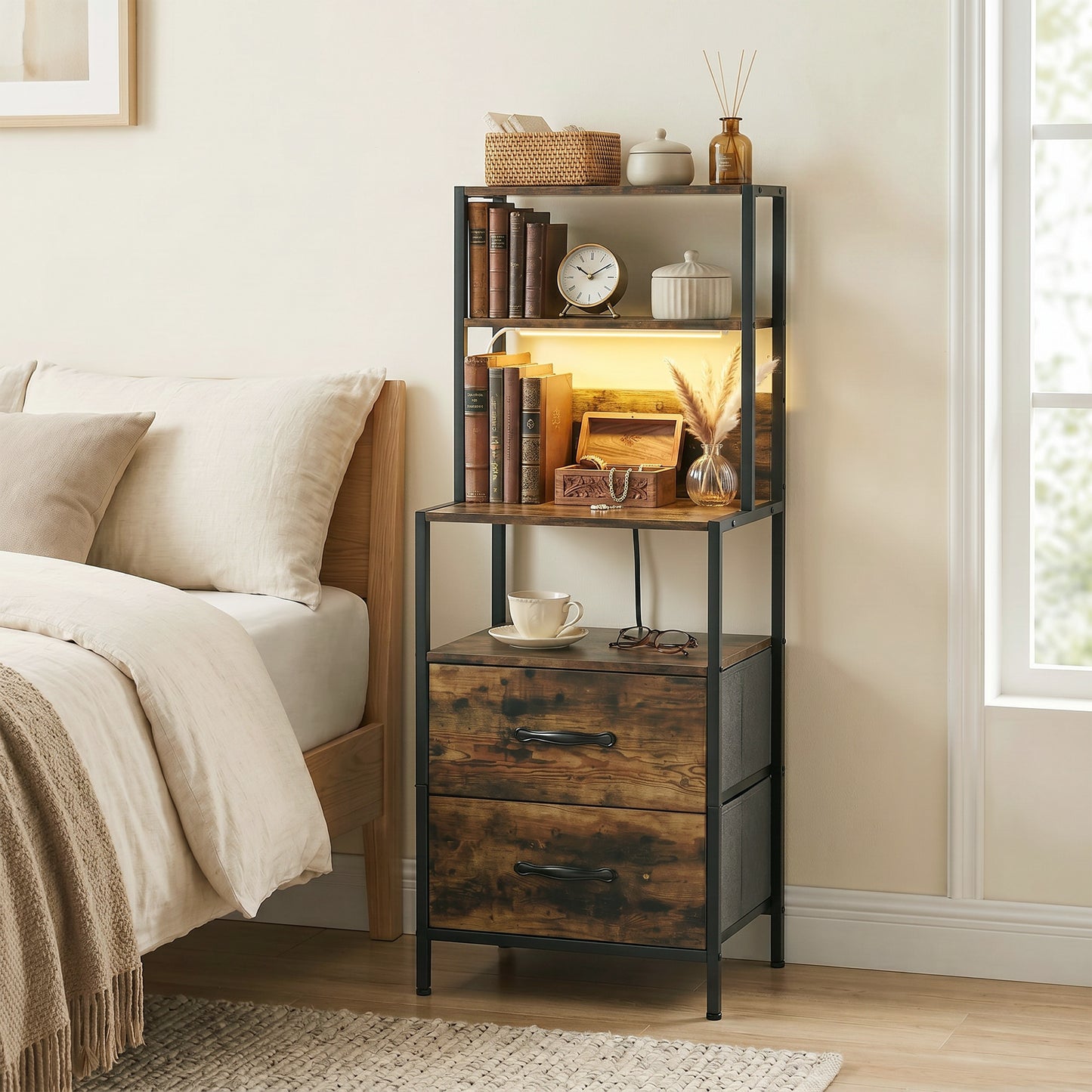 Bedside Table with Charging Station and LED Light Strips, Industrial Nightstand with 2 Drawers, Bedside Cabinet for Living Room Bedroom, Rustic Brown
