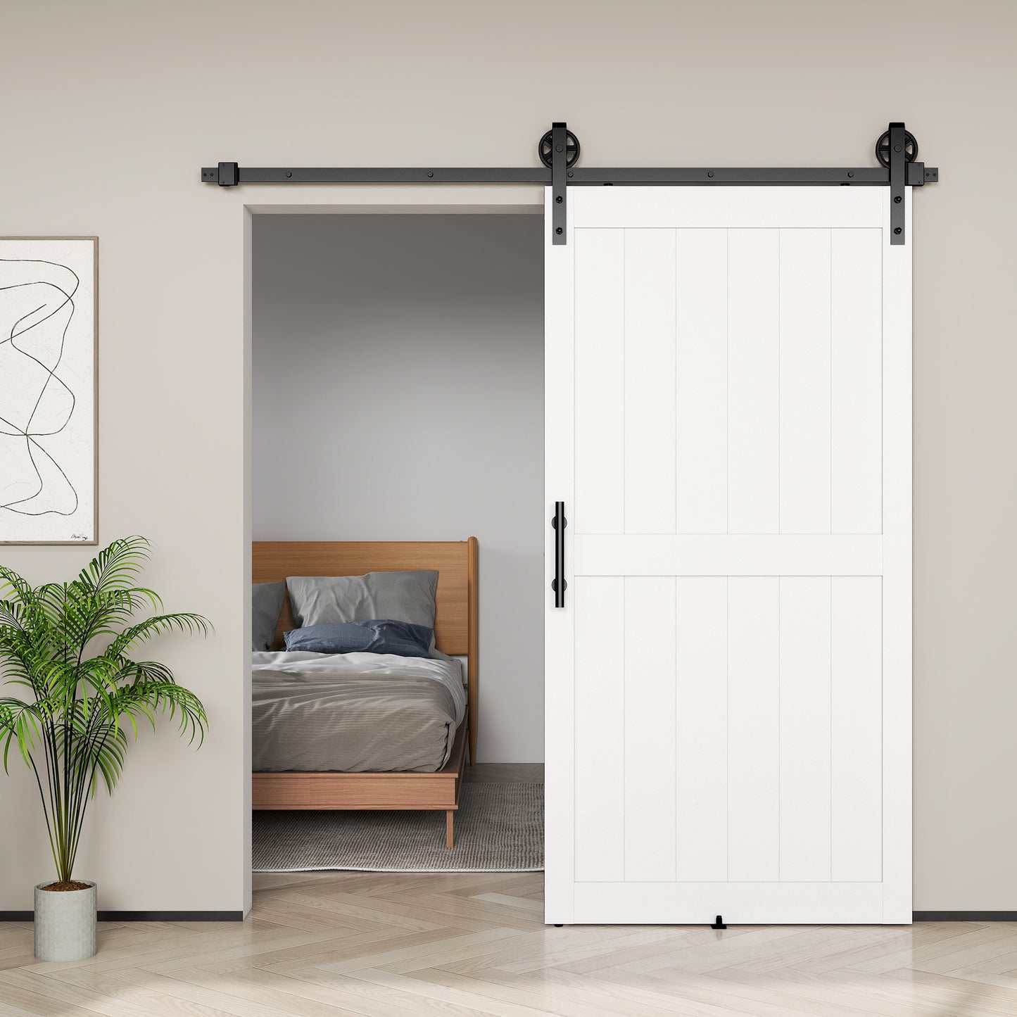 213.4cm Sliding Barn Door Kit, Sliding Door with Track, Hardware, Upgraded Rollers and Floor Guide, Industrial Handle, Water-Proof PVC Surface, White