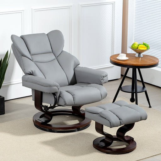 PU Leather Manual Reclining Armchair Footstool Padded Seat Light Grey