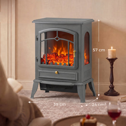 2000W Freestanding Electric Stove with 3-Sided Log Flame Effect - Grey