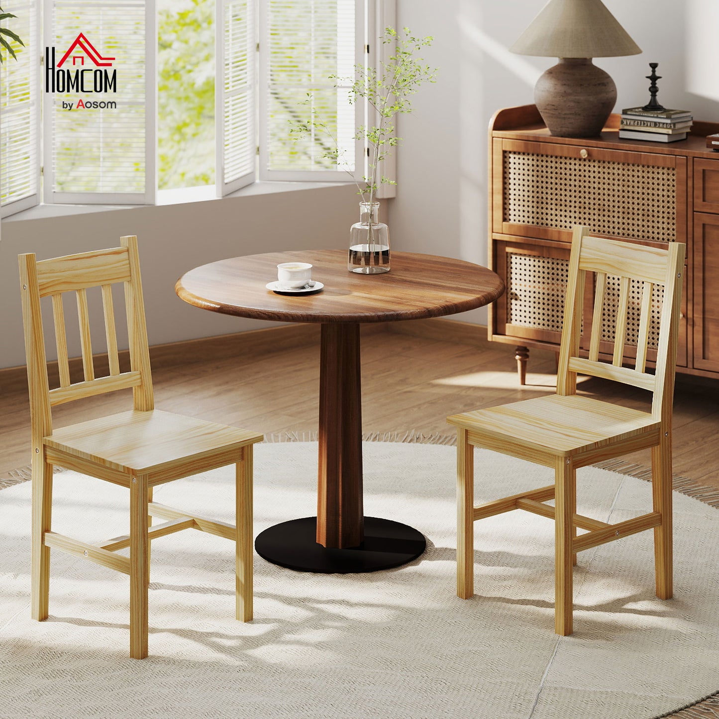 Dining Chairs Set of 2, Pine Wood Frame, Slat Back, Kitchen, Natural