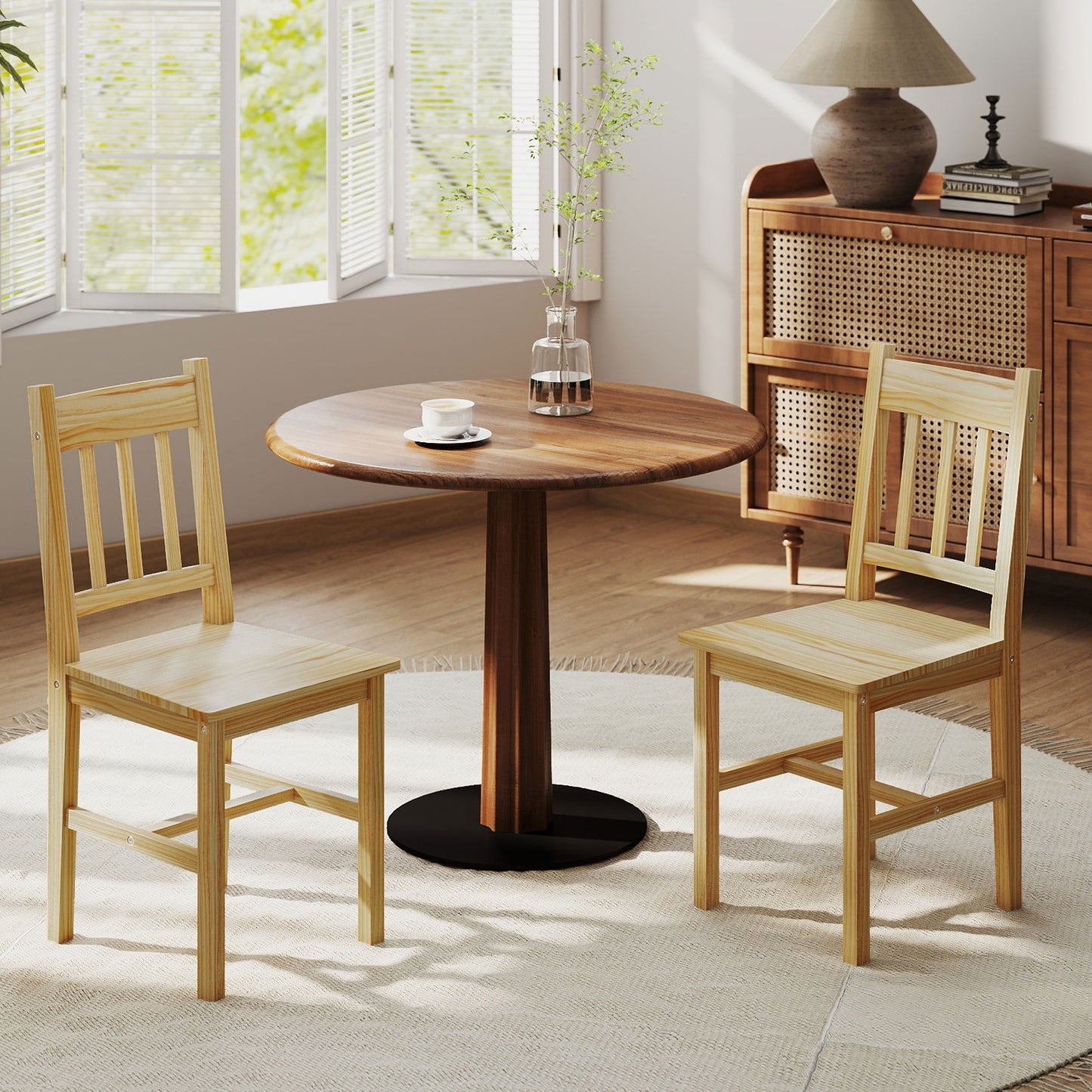 Dining Chairs Set of 2, Pine Wood Frame, Slat Back, Kitchen, Natural