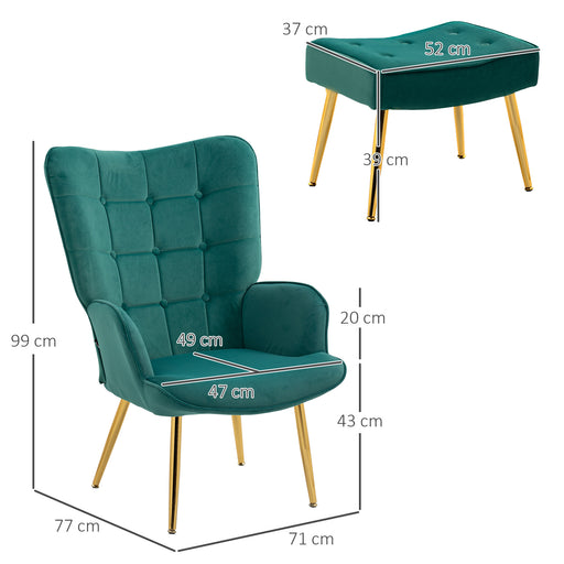 Button Tufted Armchair with Footstool and Gold Tone Steel Legs Dark Green