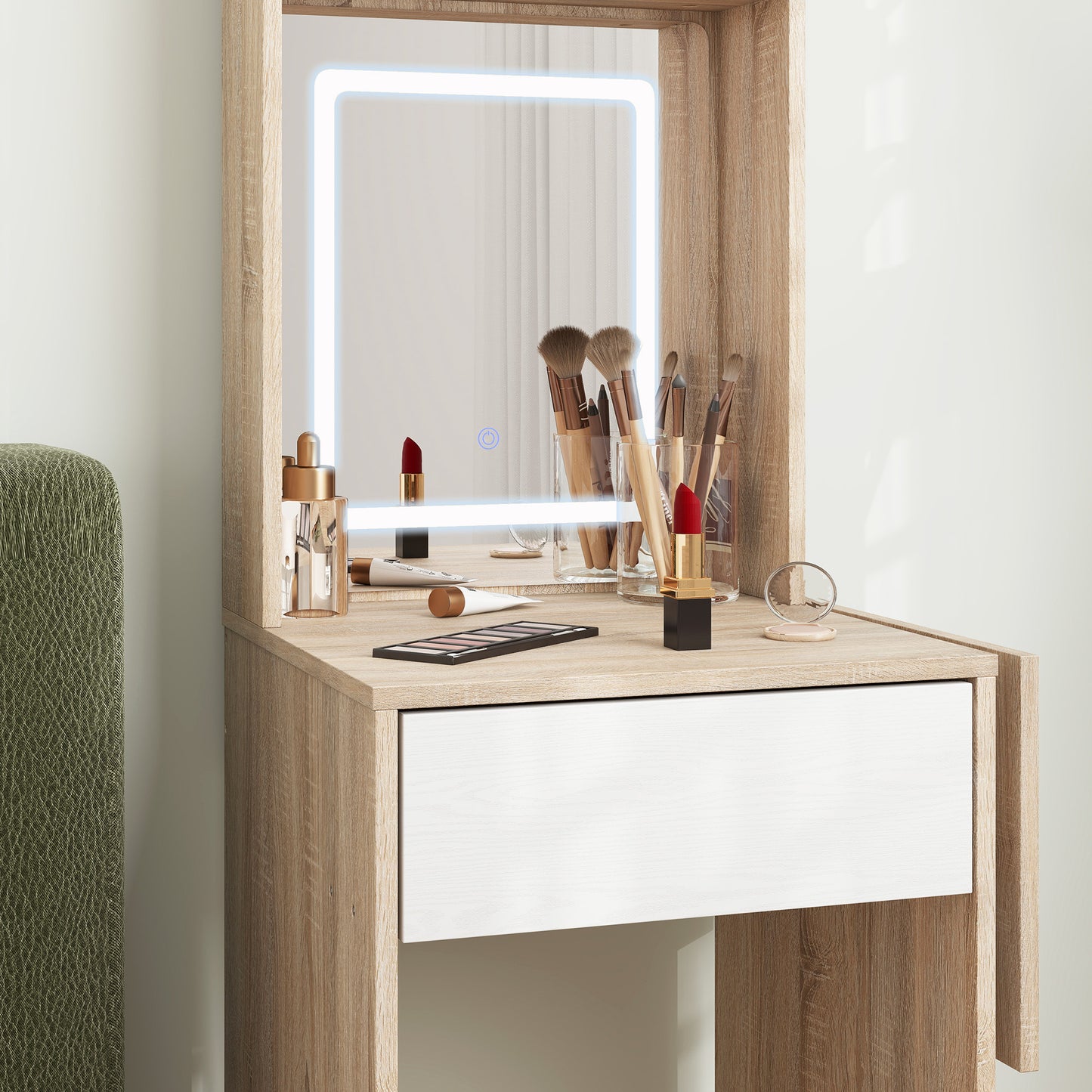 Compact Dressing Table with Lighted Mirror Open Shelves Natural Wood
