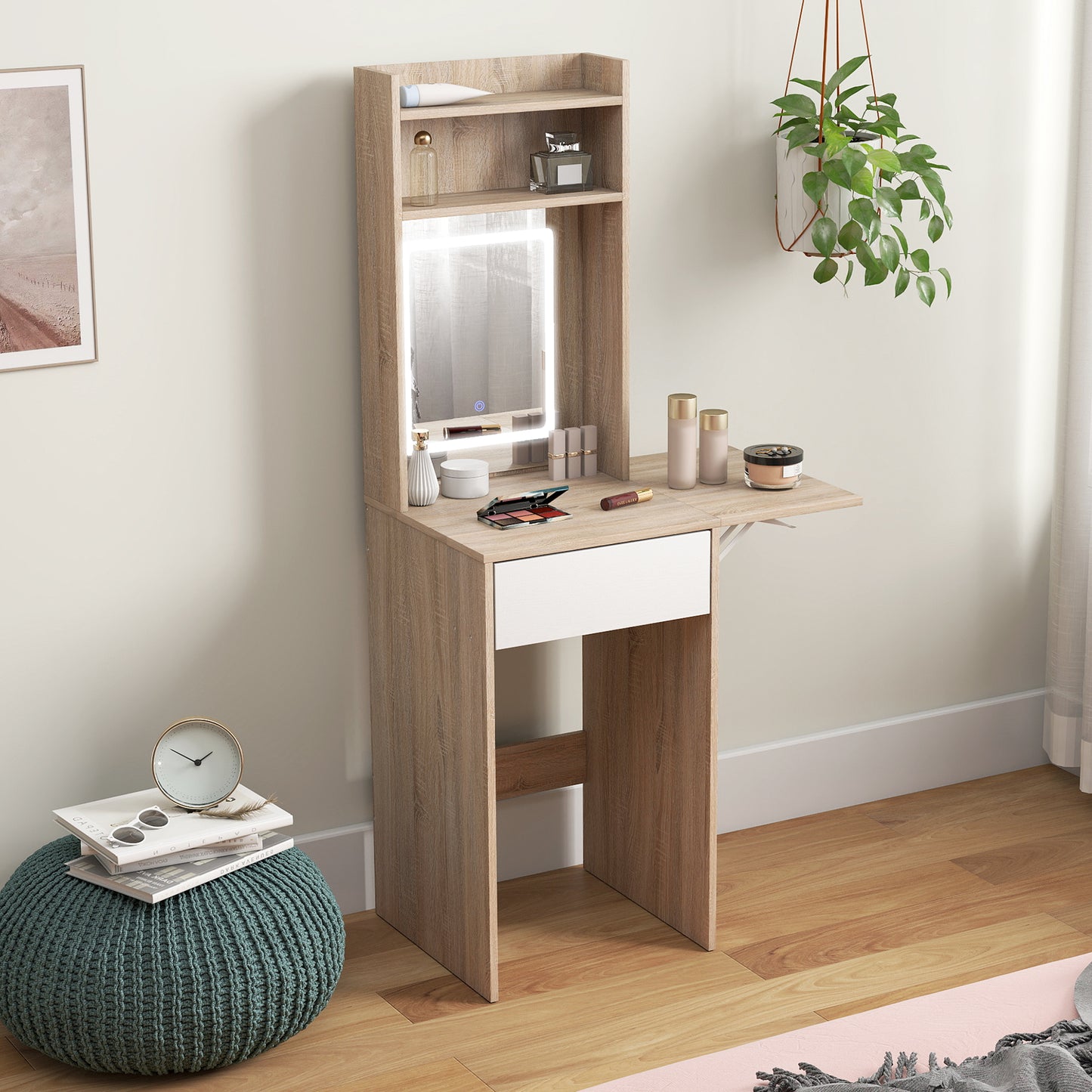 Compact Dressing Table with Lighted Mirror Open Shelves Natural Wood