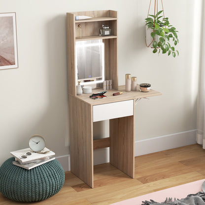 Compact Dressing Table with Lighted Mirror Open Shelves Natural Wood