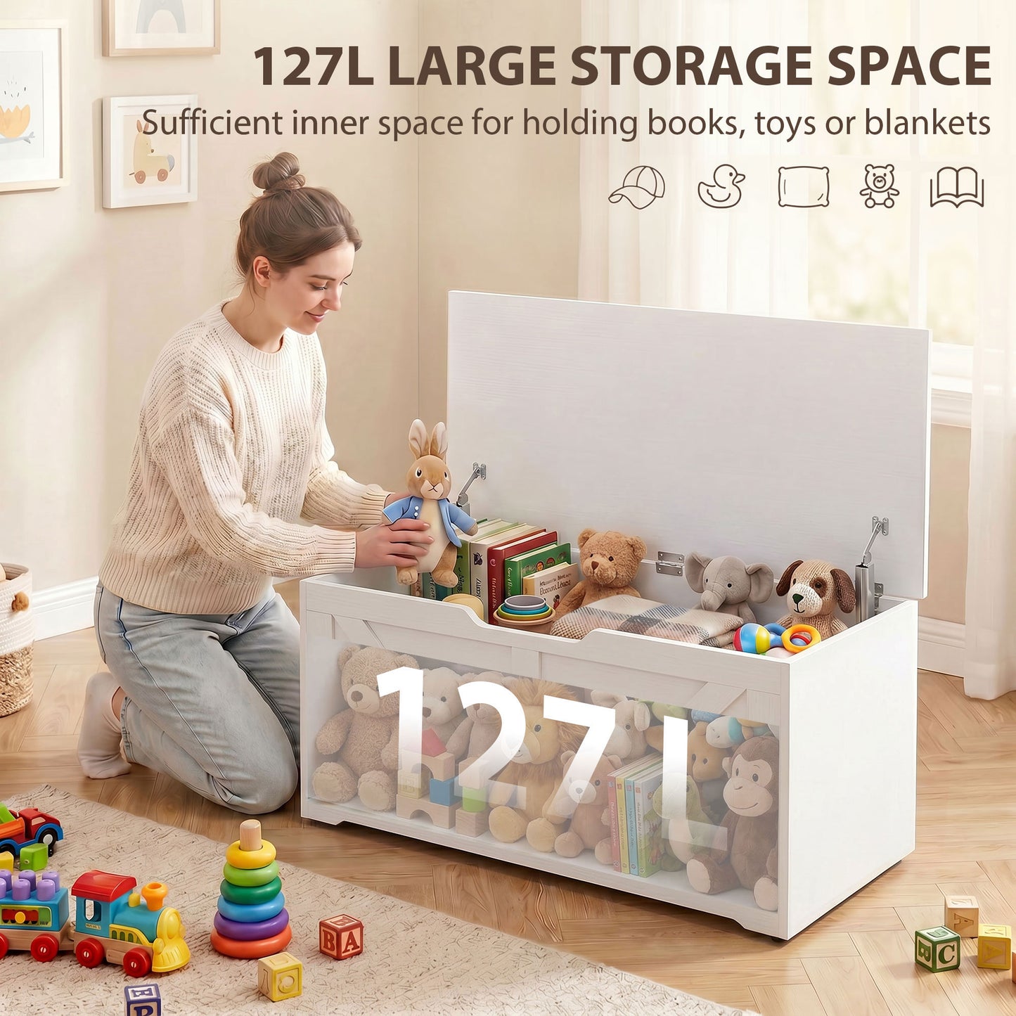 Storage Trunk for Living Room, with Safety Hinges, 100cm, White