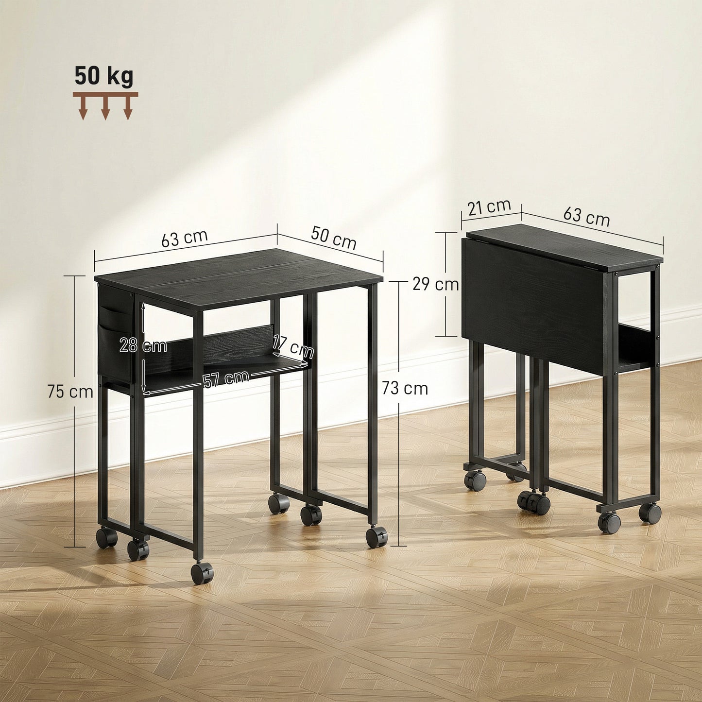 63 cm Foldable Computer Desk on Wheels for Small Spaces Black