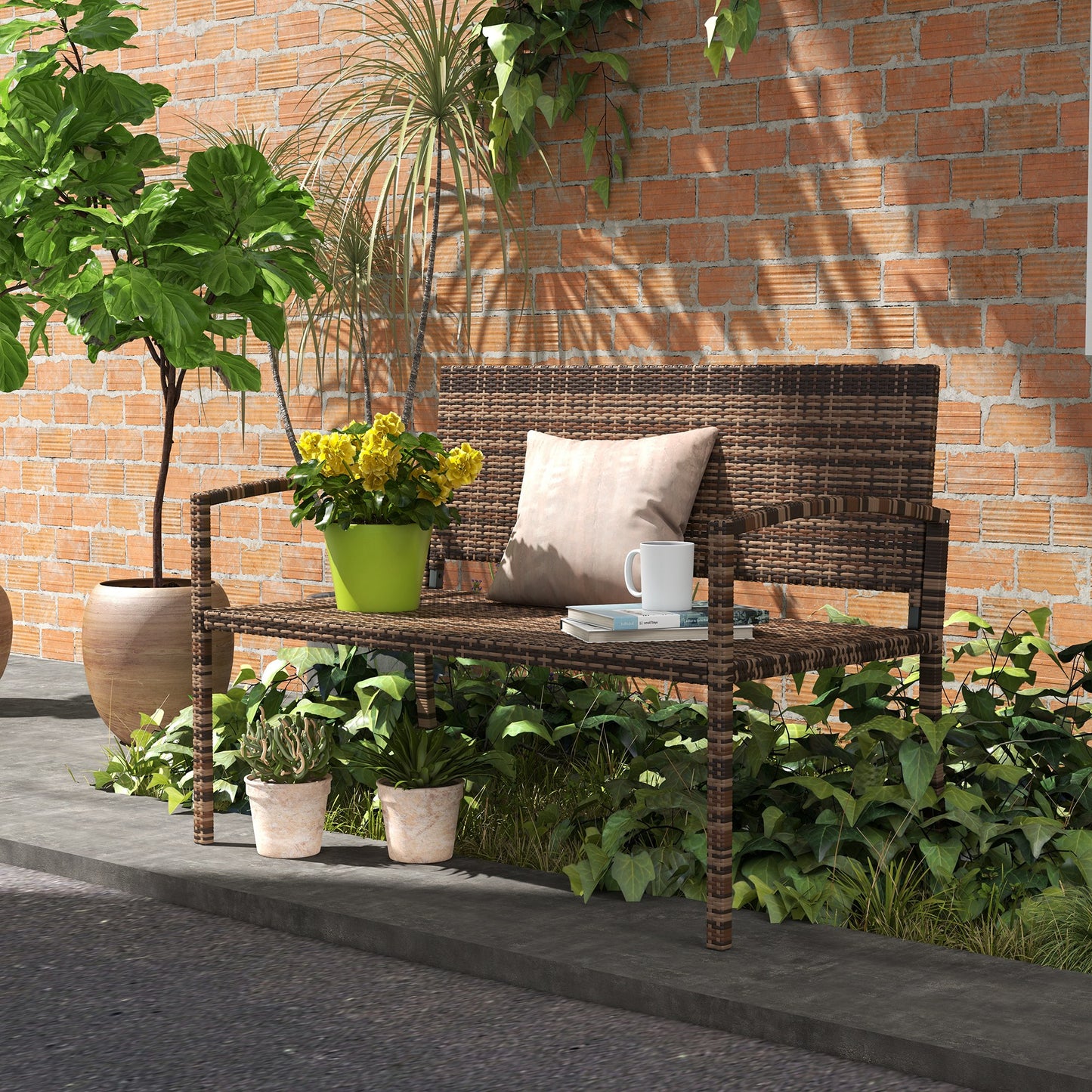 Patio Rattan 2 Seater Garden Bench Love Seat Garden Armchair Brown