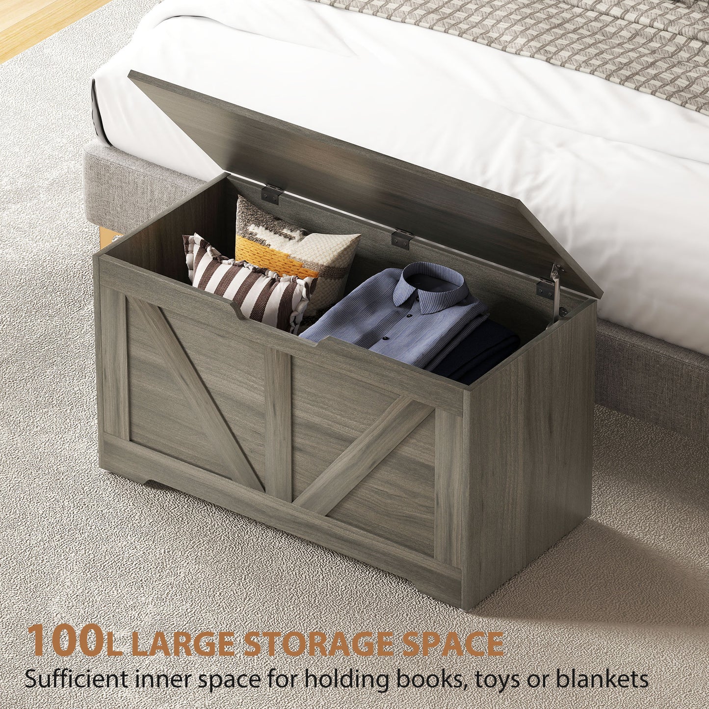 Storage Trunk with 2 Safety Hinges, 80cm, Charcoal Grey
