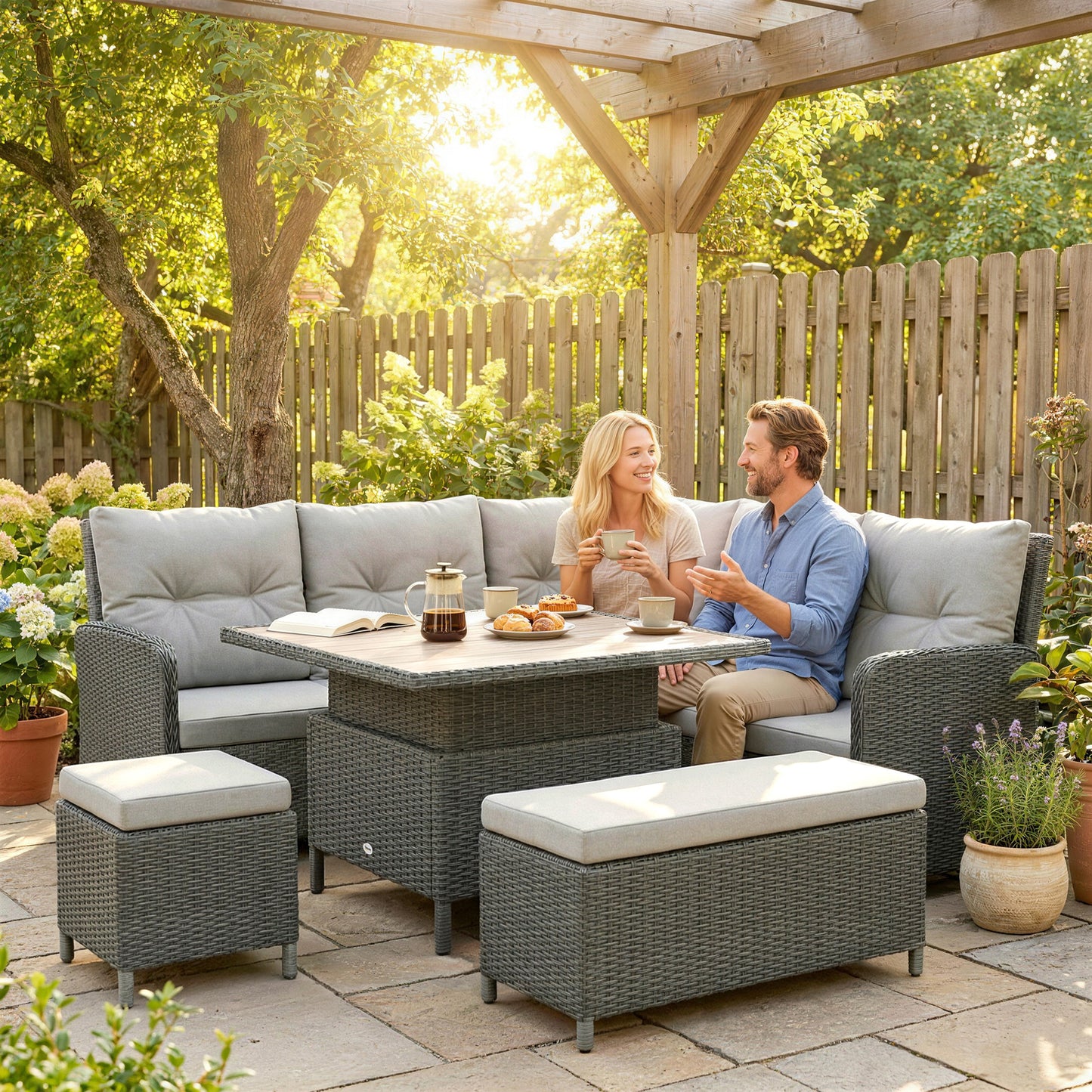 6 PCs Rattan Garden Furniture Sectional Corner Sofa, Dark Grey