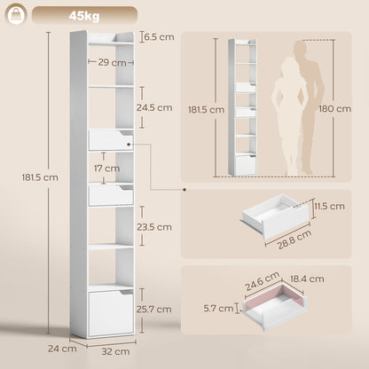 Bookcase with Drawers and Cabinet, 5-Tier Bookshelf, Narrow Tall Storage Cabinet with Anti-Tip for Living Room, Study, Home Office, White Wood Effect