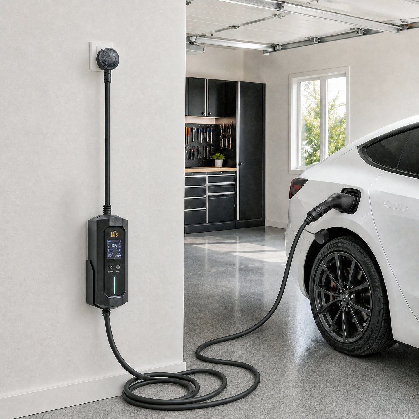 EV Charger Type 2 to 3 Pin UK Plug, 10 m, 2.8 kW, 6/8/10/13 A, IP65 Electric Car Charger Type 2 Charging Cable with 1-12 h Time Delay/Duration, LCD Screen, Bag for EVs, PHEVs for Home/Travel