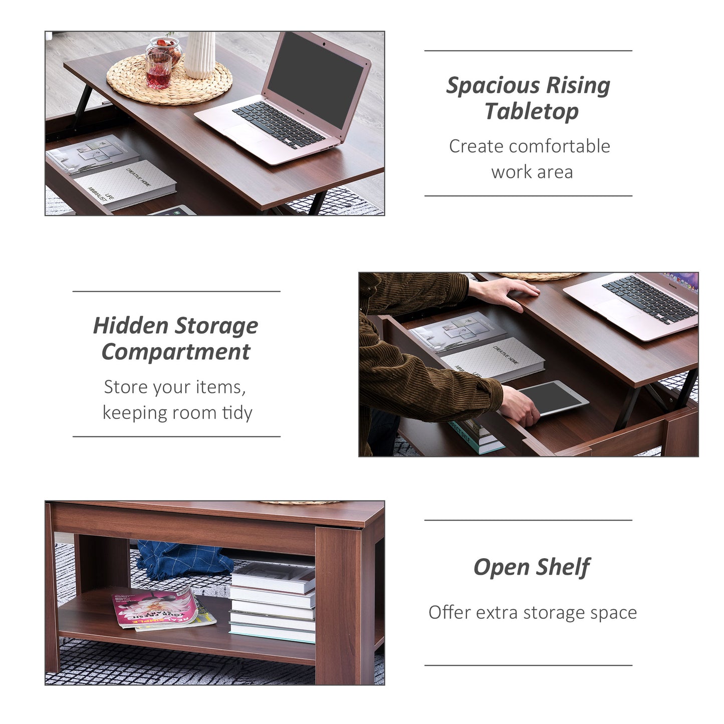 100cm Modern Lift Up Top Coffee Table Desk Hidden Storage Bottom Shelf